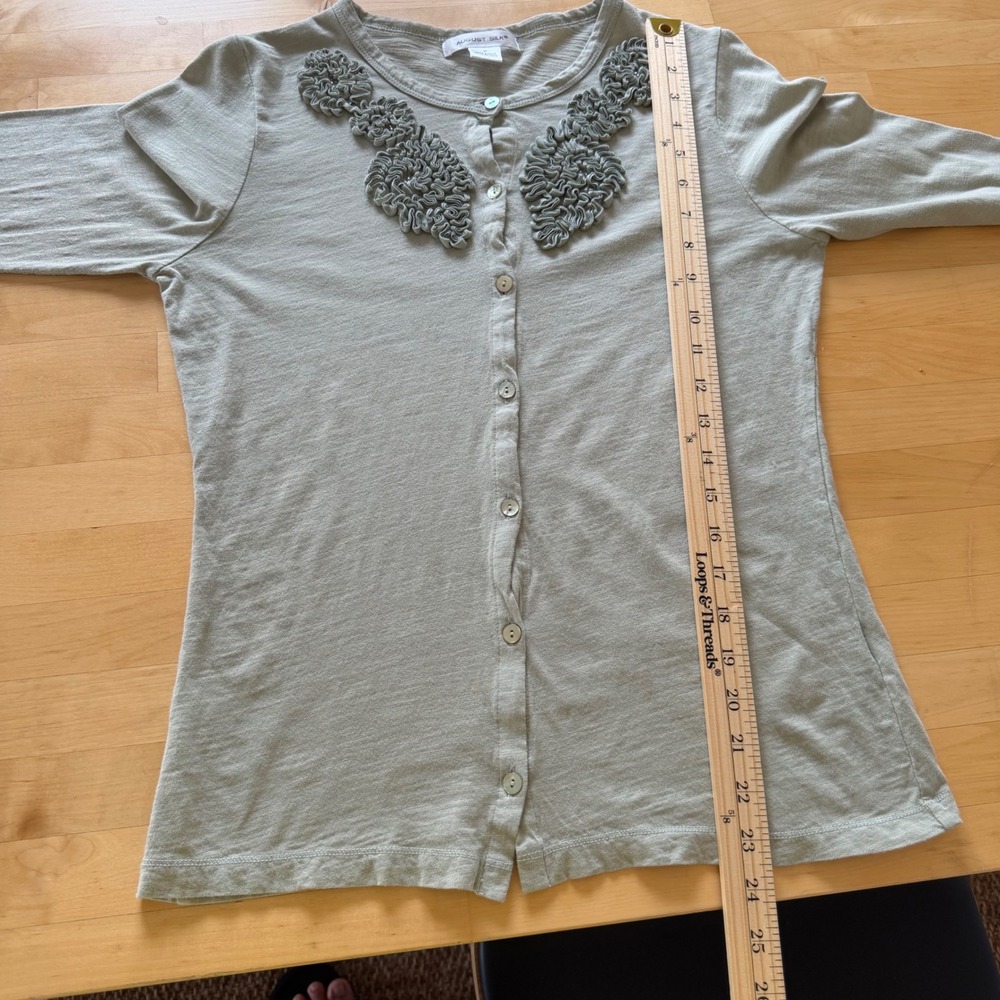 August Silk Ruffle Floral Applique Cardigan Sage Green Womens Size M Cottagecore - Picture 8 of 10